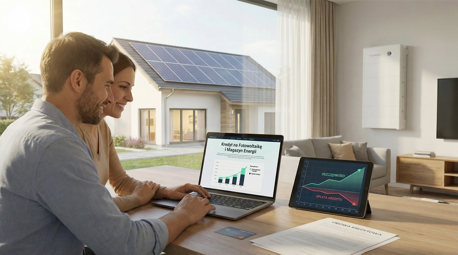 Para w domu przy laptopie i tablecie analizuje oszczędności z Fotowoltaika z magazynem energii, w tle dom z panelami i magazyn energii