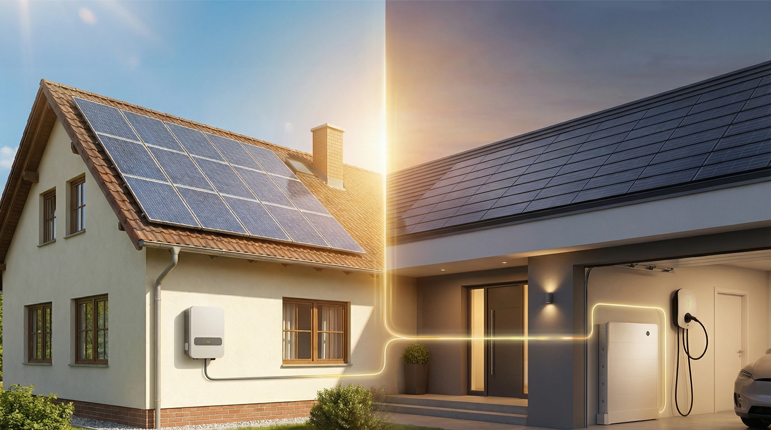 Fotowoltaika z magazynem energii na dachu domu i ładowarka ev w garażu