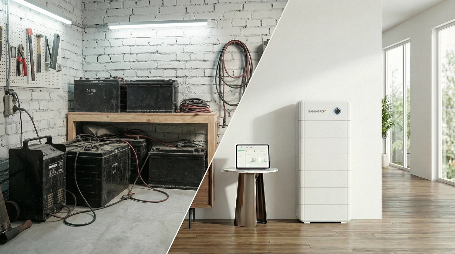 SigEnergy all in one domowy magazyn energii stojący obok tabletu z wykresem zużycia