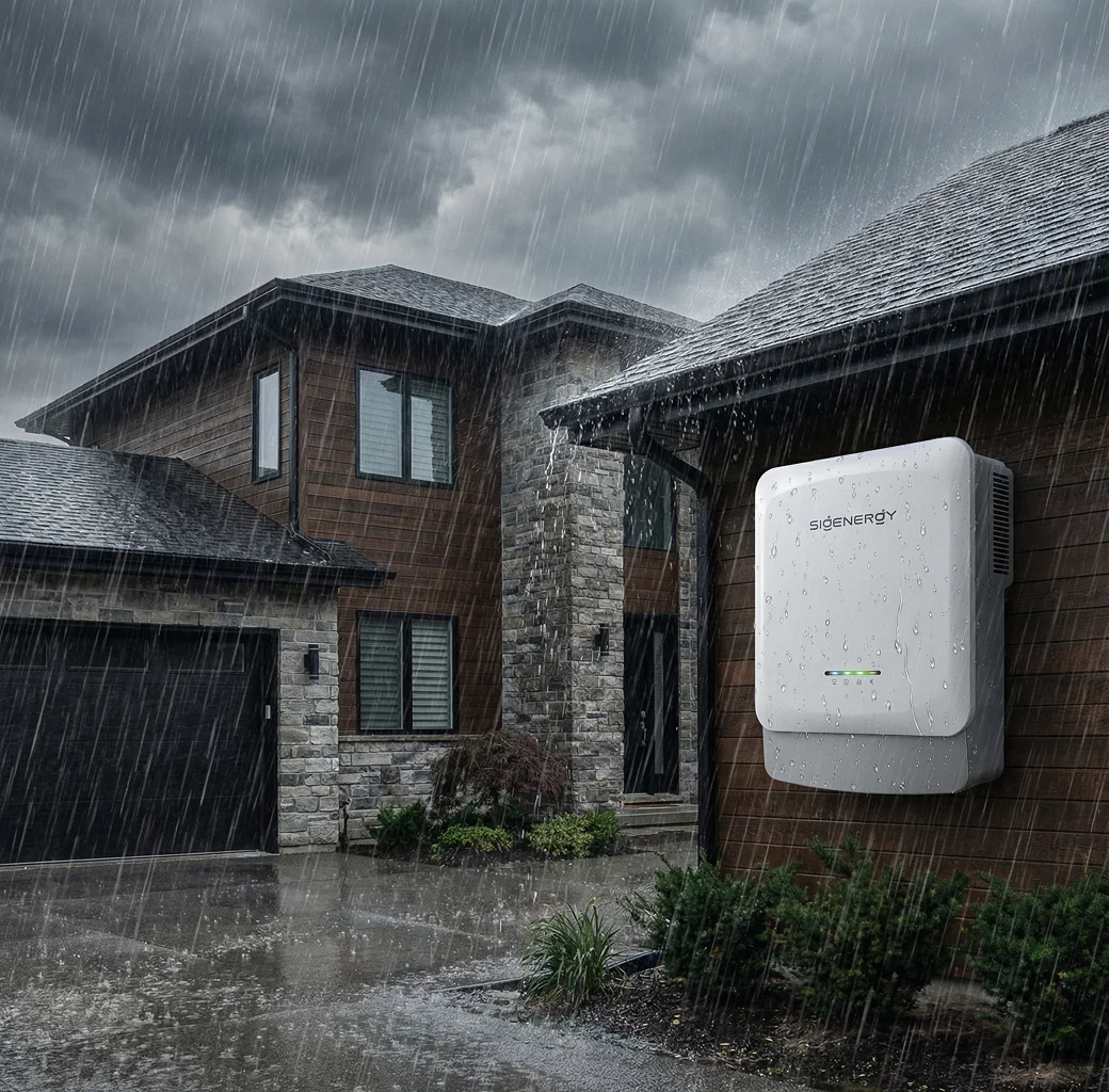 Magazyn energii do domu zamontowany na elewacji nowoczesnego domu podczas ulewnych opadów deszczu