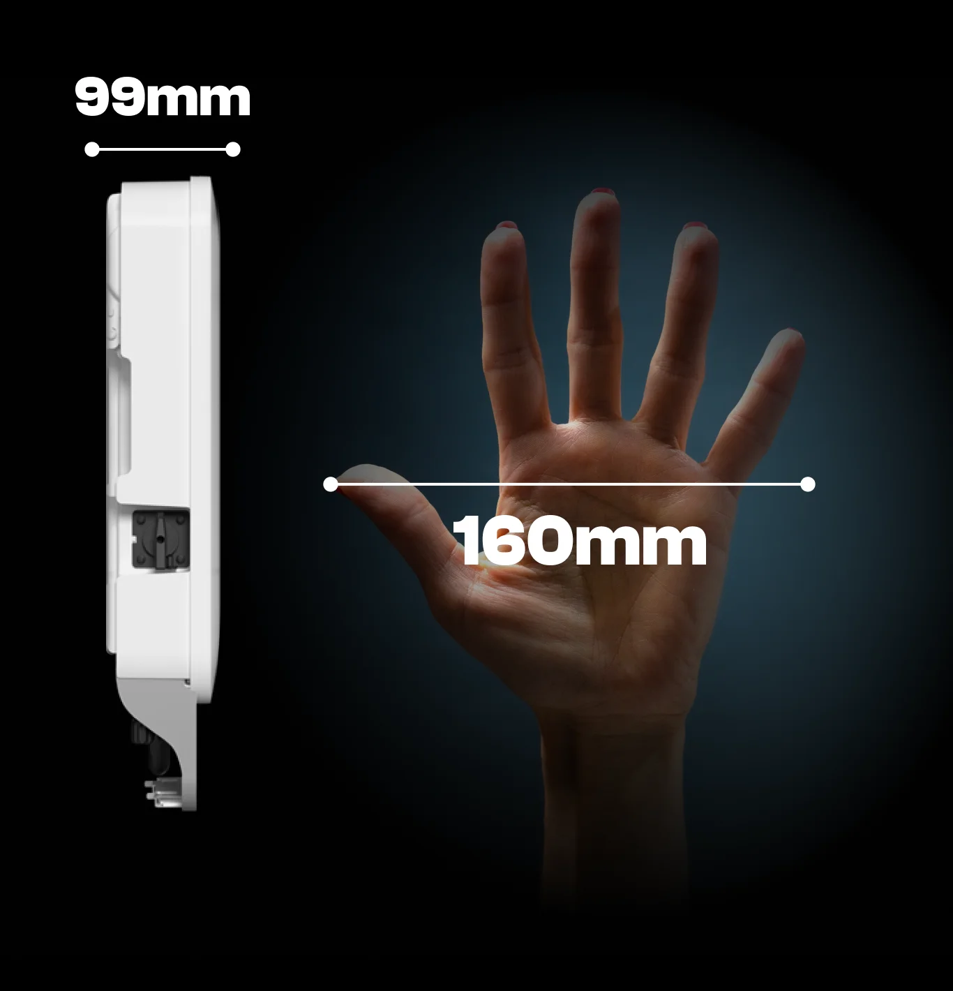 Profil SigEnergy all in one z wymiarami 99 mm szerokości obudowy obok dłoni (160 mm)