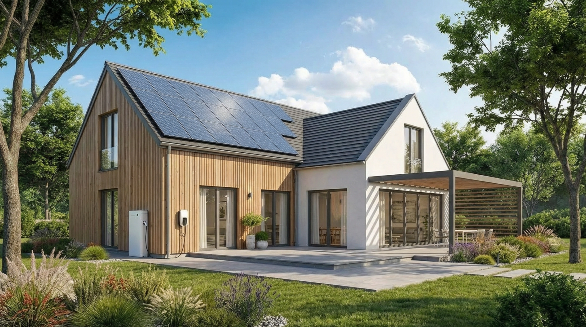 Nowoczesny dom z Fotowoltaika z magazynem energii i Ładowarka ev zamontowaną na ścianie
