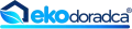 Logo firmy eko doradca z motywem dachu i liścia w odcieniach niebieskiego