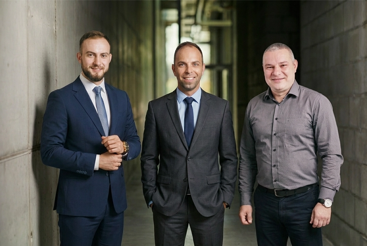 Trzech mężczyzn w eleganckich garniturach reprezentujących systemy magazynowania energii dla firm