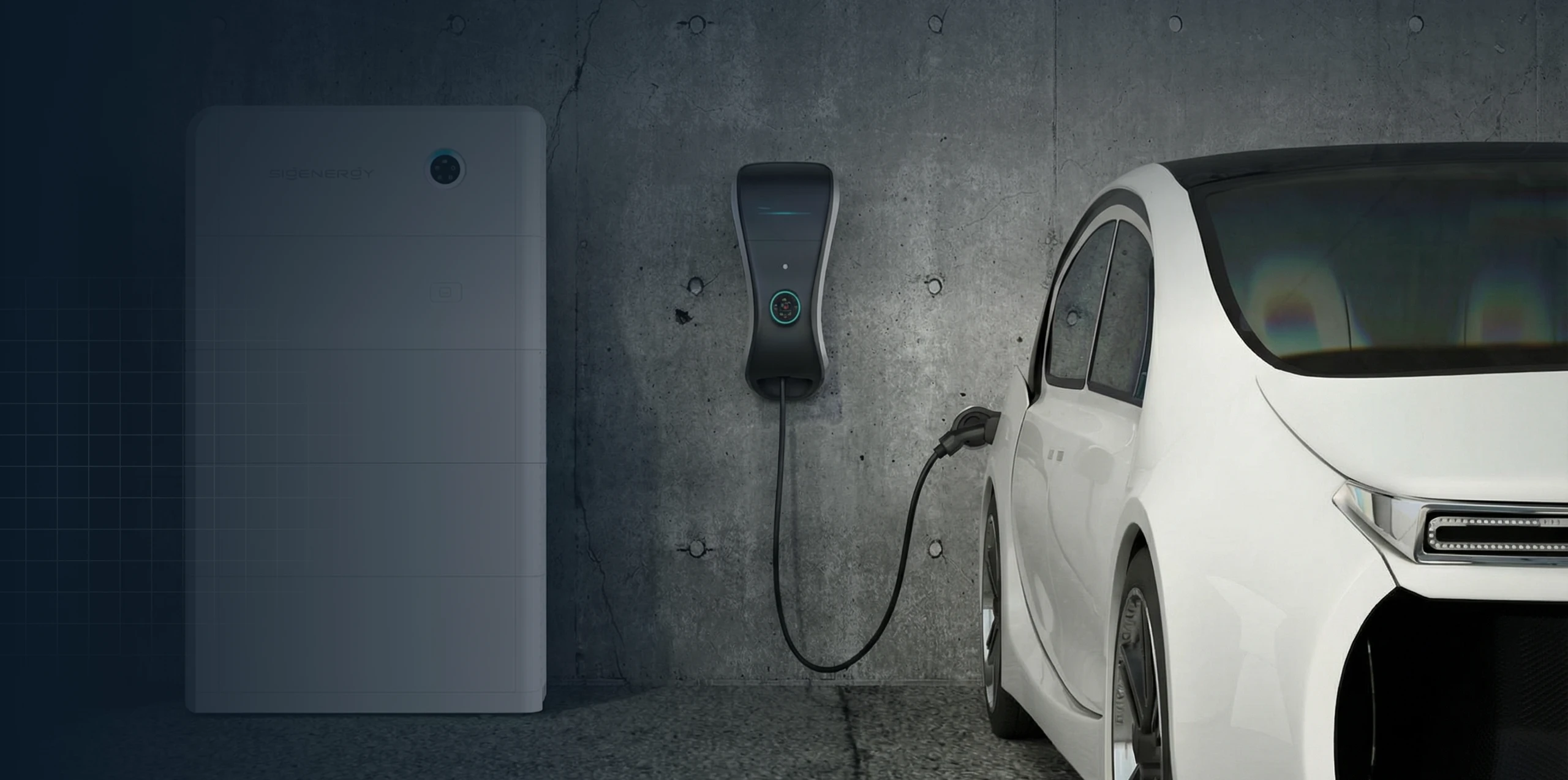 Ładowarka do samochodu elektrycznego na betonowej ścianie obok magazynu energii i białego auta