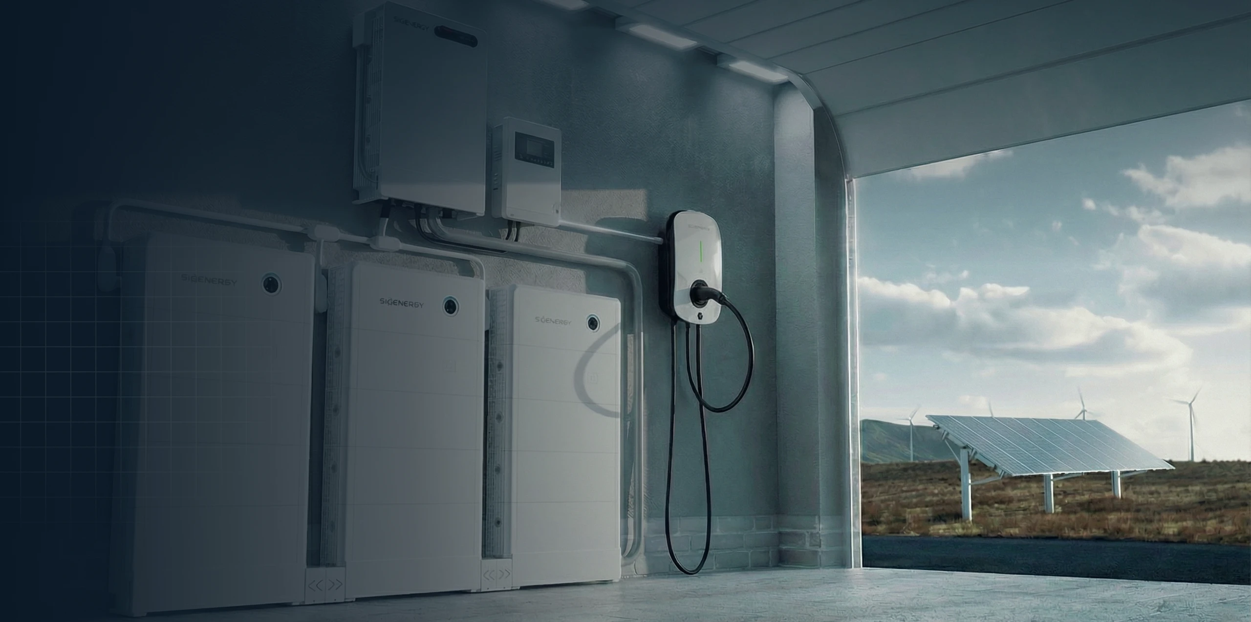 Magazyn energii do domu z modułami baterii i widoczną ładowarką ev w garażu