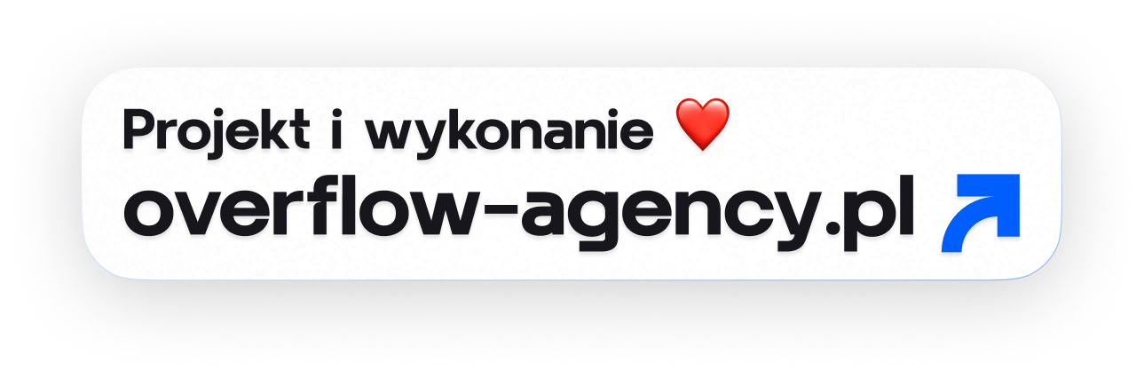 Prostokątny biały banner z napisem Projekt i wykonanie, ikoną serca i adresem overflow-agency.pl ze strzałką